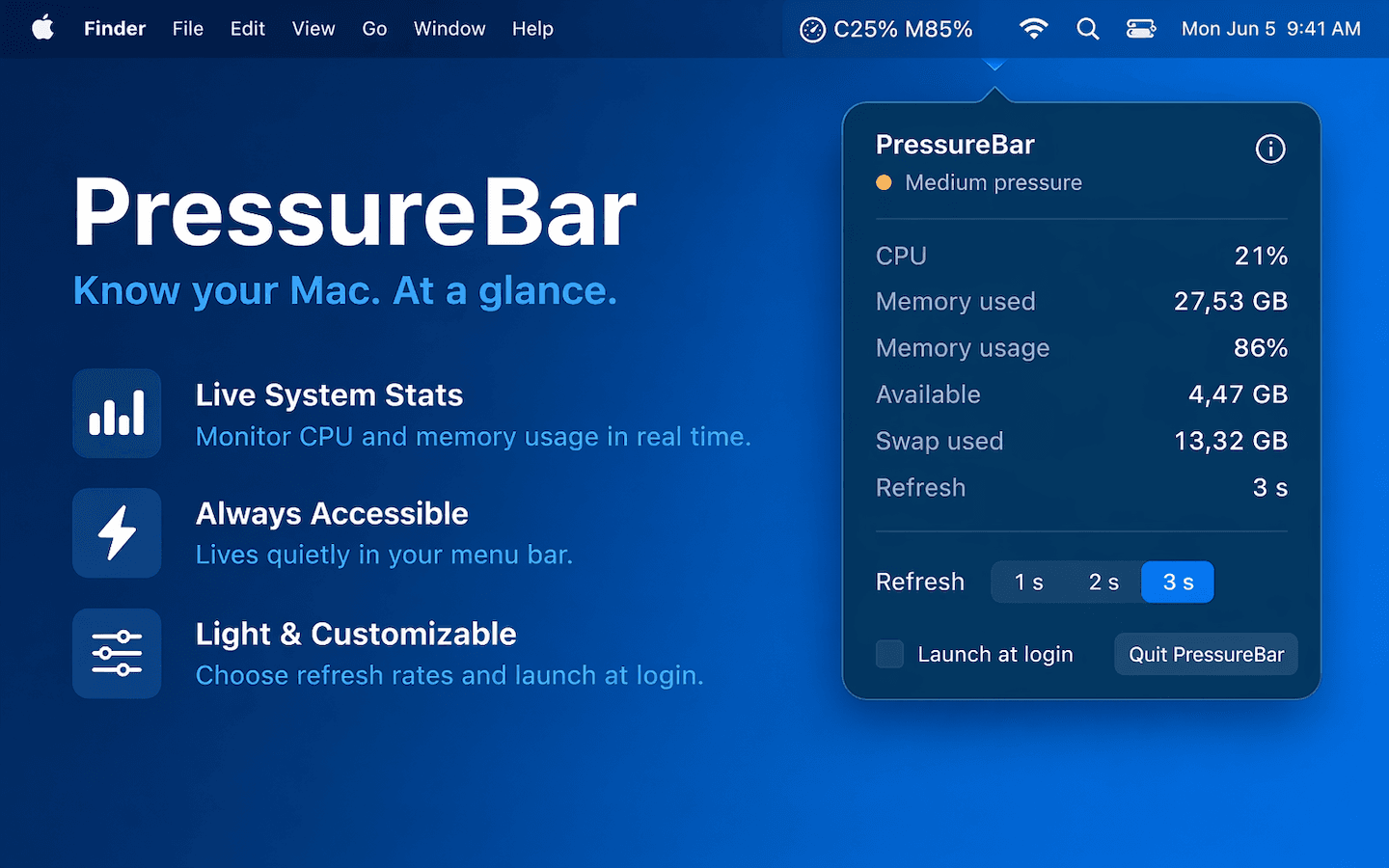 PressureBar screenshot showing the monitoring panel on macOS