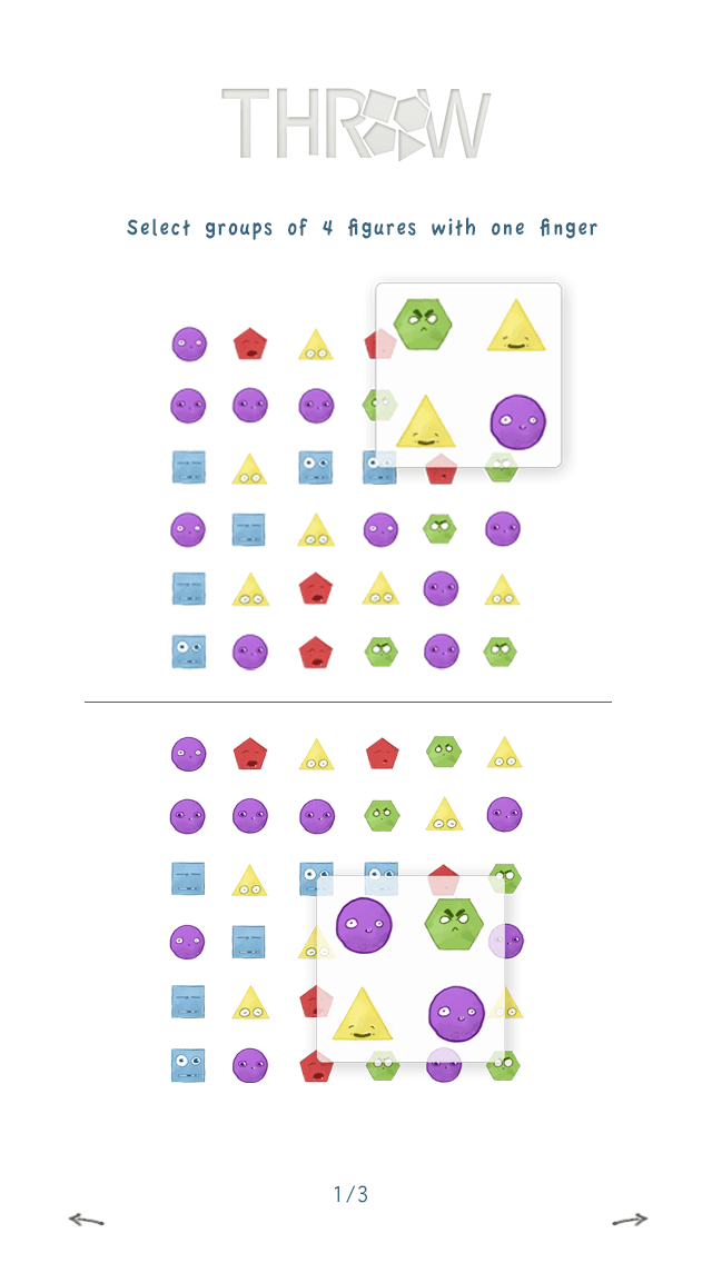 Throw! tutorial screen showing how to select a group of four pieces