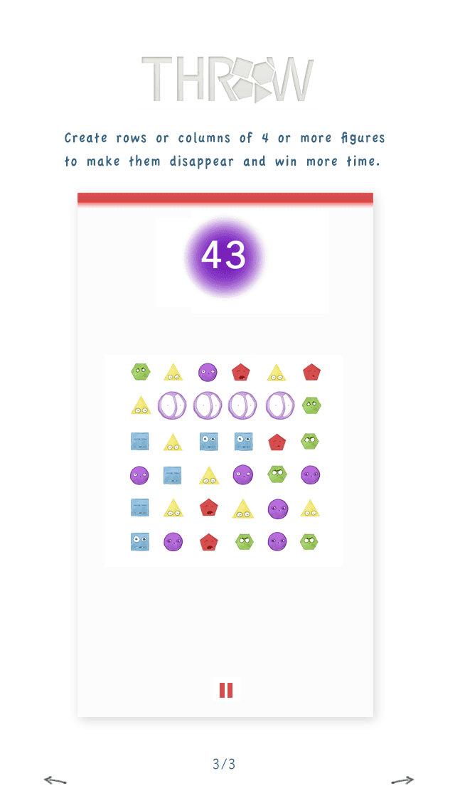Throw! tutorial screen showing a line of matching pieces disappearing